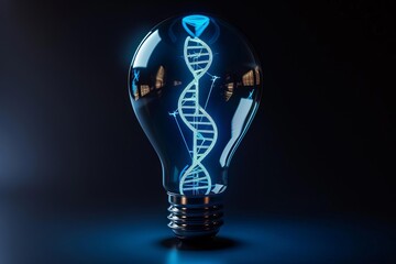 Light bulb with a DNA helix inside, representing genetic innovation, neon blue, futuristic style, digital illustration