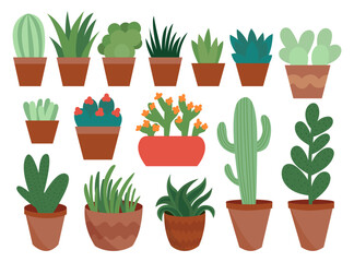 Big set with cactus and succulent plants vector flat