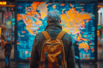 Middleaged person at a new beginning, digital map of future journey, vibrant colors