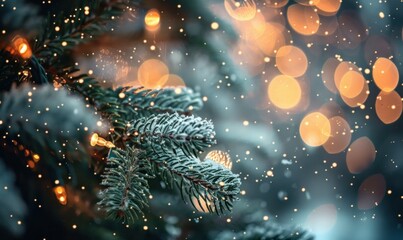 Spruce branch with delicate snow and bright lights, creating a serene and festive holiday scene. Perfect for a cozy winter ambiance