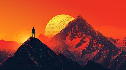 A lone figure at the base of a tall mountain, gazing up at the peak with determination, symbolizing the arduous journey from obscurity to success. Clipart illustration style, clean, Minimal,