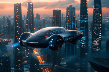 Fototapeta premium A futuristic flying car navigating through a city skyline at dusk, with neon lights and towering skyscrapers in the background.. AI generated.