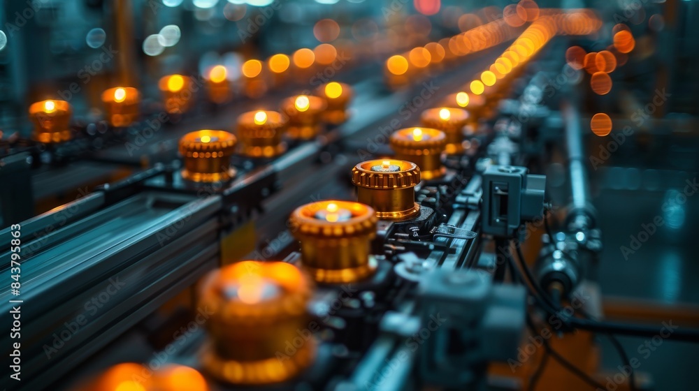 Poster detailed view of a robotic conveyor system with orange illuminated parts and bokeh highlights