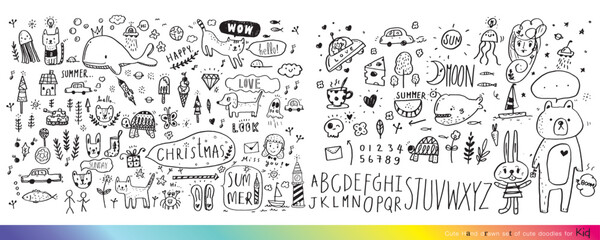 Collection of hand drawn cute doodles,Doodle children drawing,Sketch set of drawings in child style,Funny Doodle Hand Drawn,Page for coloring, cute animal hand drawn