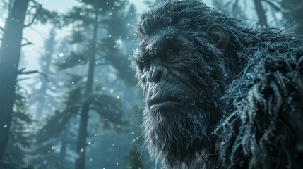 Close-up of a hyperrealistic Bigfoot creature amidst a snowy landscape, focusing on detail
