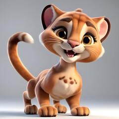 Fototapeta premium A 3D animated cartoon render of a smiling cartoon Cute cougar cartoon character 3D Rendered on Gray background.