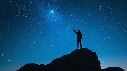 Guiding Light: Explorer Points to Celestial Waypoint on Hilltop under Starry Night Sky