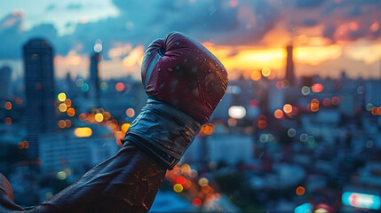 Tradition vs. Modernity in Muay Thai: Close-up of Fighter's Wrapped Fists with Urban Cityscape