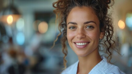 Obraz premium Radiant woman with a joyful smile and natural curly hair, dressed in a white blouse, delivers an engaging portrait