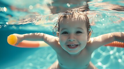 Cheerful Child Learning to Swim with Pool Noodle in Clear Blue Water