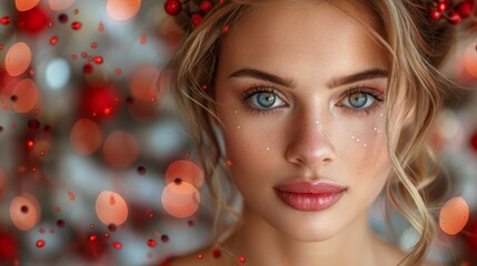An alluring young woman's close-up portrait, featuring sparkling eyes and berries bokeh background