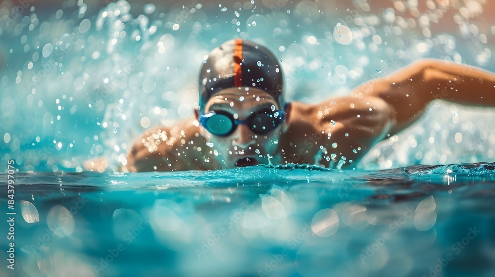 Poster Competitive Swimmer Pushing Limits During Intense Race with Vibrant Splashing