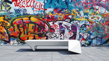 Fototapeta premium Contrast in the Concrete Jungle: Graffiti Splendor Meets Minimalist Sculpture