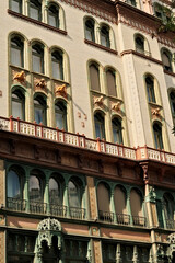 The facade of the Parisi, Parizsi Udvar, Parisian Court building in the city center of Budapest,...