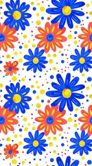 Colorful Floral Pattern With Yellow Dots On White Background