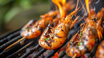 Juicy Charred Prawns Grilling on a Skewer with Outdoor Garden Background