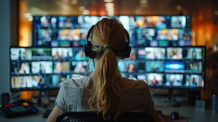 A woman is seen from the back, overseeing multiple broadcast screens in a control room