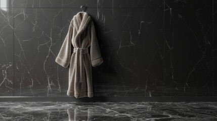 Naklejka premium a modern minimalist bathroom, a chic, fluffy, gray bathrobe elegantly hung against a sleek black wall, reflections in a glossy marble floor, sophisticated and serene.