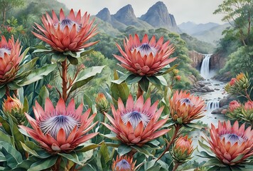 Obraz premium King Protea Flower Bundle, 20 Stems and Leaves in a Landscape