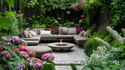 Stylish Garden Patio with Modern Lounge and Fire Pit Surrounded by Lush Greenery for Outdoor Entertainment