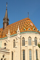 Facade and colorful roof o the Church of the Assumption of the Buda Castle, Matthias Church, Coronation Church of Buda, Budapest, Hungary