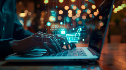 A person who is working on a laptop with a shopping cart icon on the screen. A person may be involved in e-commerce, analyzing sales data or updating an online store.