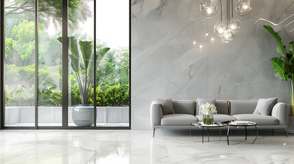 Stylish minimalist interior of a living room of a modern apartment with a beige sofa , Living room with white sofa and black coffee table , The living room showcases a sleek design with a marble wall 