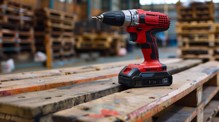 An electric drill placed on a wooden pallet. Its metal details and blade contrast with the raw appearance of the wood.