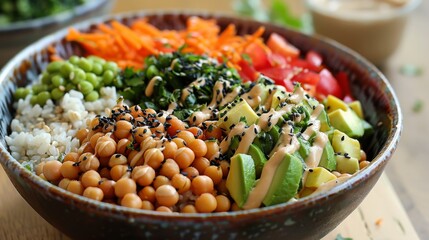 A beautifully plated vegetarian Buddha bowl filled with grains, legumes, fresh vegetables, and a tahini sauce drizzle.