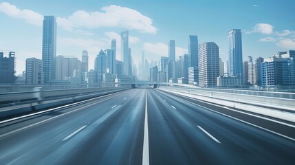Fototapeta premium high way with a wide futuristic road going through a tunnel, A sense of speed, View from a tunnel, futuristic city skyline