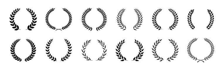 Set of black circular foliate laurels branches. Laurel wreath. Silhouette vintage laurel wreaths collection. Heraldic trophy crest. Greek olive branch award, winner.
