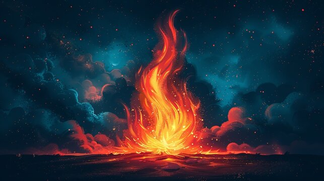 A tiny spark igniting a larger and larger flame until it becomes a roaring bonfire, symbolizing the growth of ideas and passion leading to outstanding success. Clipart illustration style, clean,