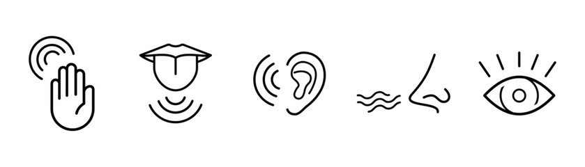 Five human senses editable stroke outline icons set isolated on white background flat vector illustration. Pixel perfect.
