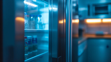 Refrigerator door close-up, open refrigerator door