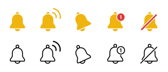 Notification bell icon set. Incoming inbox message. Ringing bell, reminder or subscriber sign for apps, smartphone, alarm alert. Vector.
