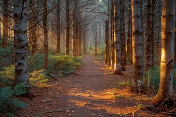 Obraz premium Tranquil Forest Path: Sunlight and Towering Trees
