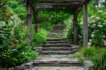 Tranquil Garden Path with Stone Steps, Tall Flowering Plants, and Wooden Arbor Entrance