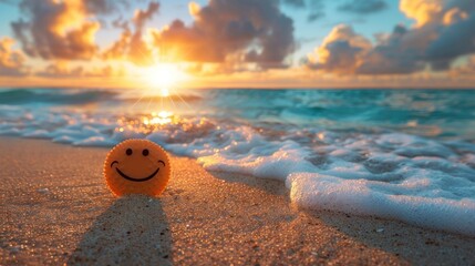 Obraz premium A cheerful sun smiling on a sandy tropical beach at sunrise, with gentle waves and a picturesque sky in the background.