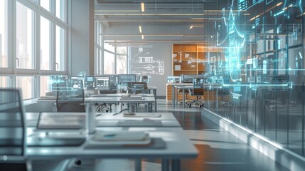 Obraz premium photo 2D image of an office with holographic desktops and virtual document projections to highlight modern technology and productivity in the workspace.