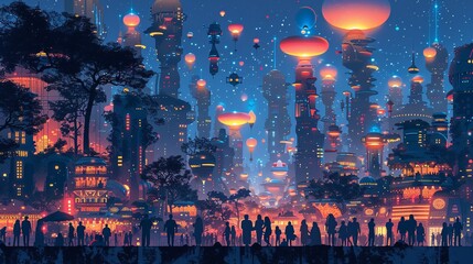 Fototapeta premium A fantastical marketplace in a bustling alien city, with vendors selling exotic goods, colorful stalls filled with unique items, and a diverse crowd of extraterrestrial beings. Clipart illustration