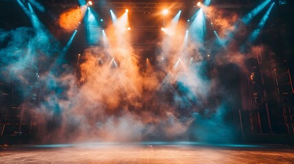 Empty stage illuminated by lights reaching the audience