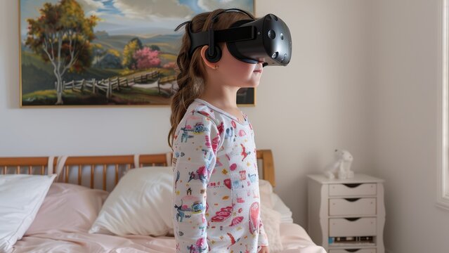 a small child girl wearing a vr headset and her pyjamas, standing in the middle of bedroom