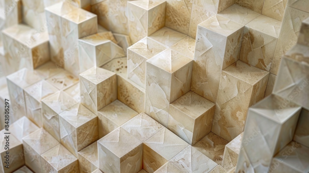 Poster an intricate geometric pattern of cubes in shades of beige displayed from a carefully chosen angle a