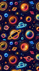 Fototapeta premium Colorful Neon Planets and Stars Seamless Pattern Design
