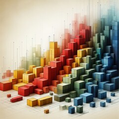 Fototapeta premium Colorful 3D rendered blocks forming a gradient cityscape, with vertical data lines enhancing the urban digital concept.