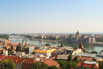 Naklejka premium View from the Fisherman's Bastion onto the Hungarian Parliament Building and the Danube River, Budapest, Hungary