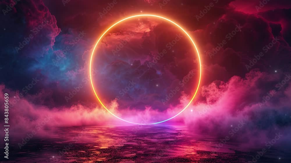 Poster abstract background. technology background. colorful neon light ring on dark background with fog and