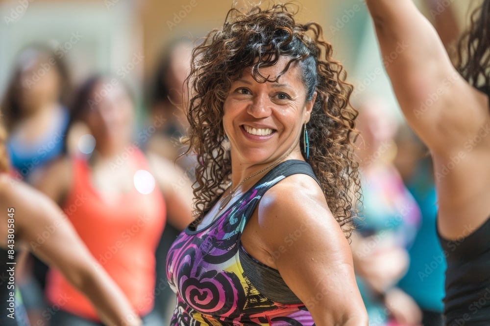 Poster energetic zumba class with enthusiastic instructor and engaged participants in vibrant setting