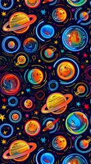 Fototapeta premium Vibrant Neon Planets and Stars Pattern on Black Background