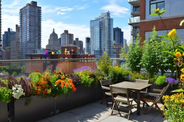 Fototapeta premium Urban Rooftop Garden Oasis with Vertical Planters and Cityscape Background for Relaxation